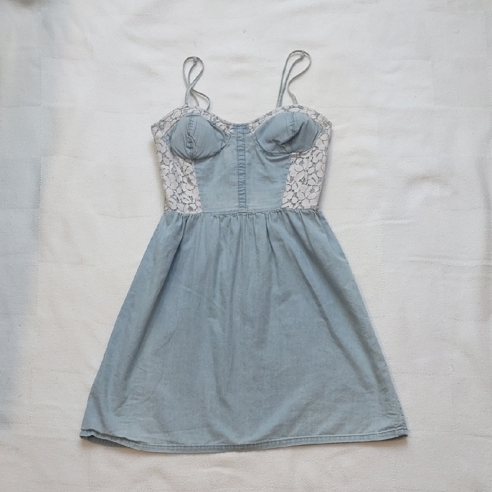 Red Tulips Women's Lace Trim Denim Mini Dress